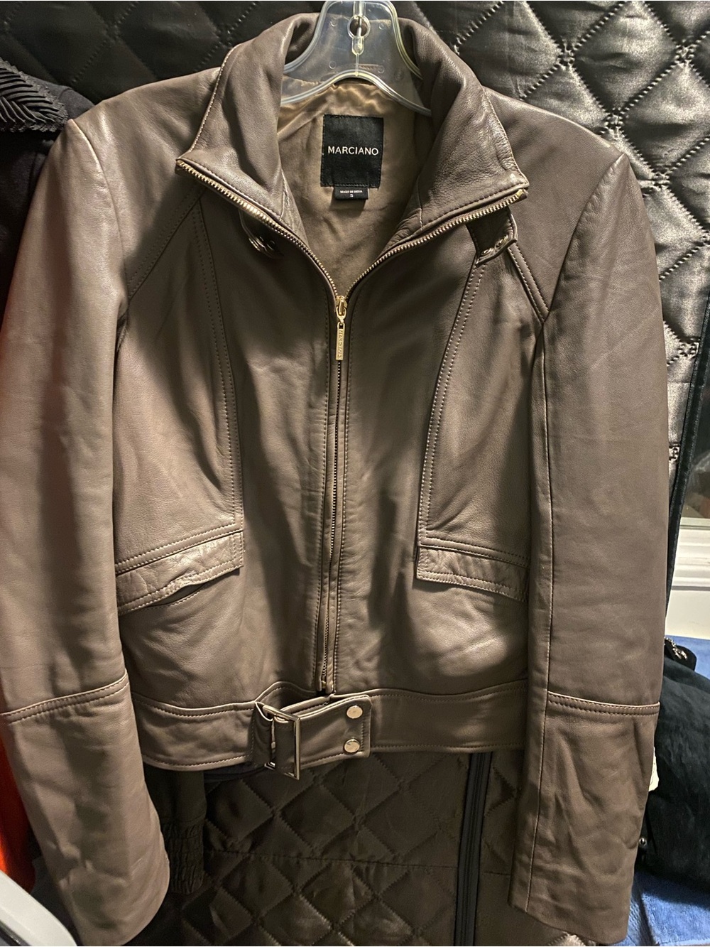 Marciano Taupe Soft Lamb Leather Zip Jacket with Gold Hardware
